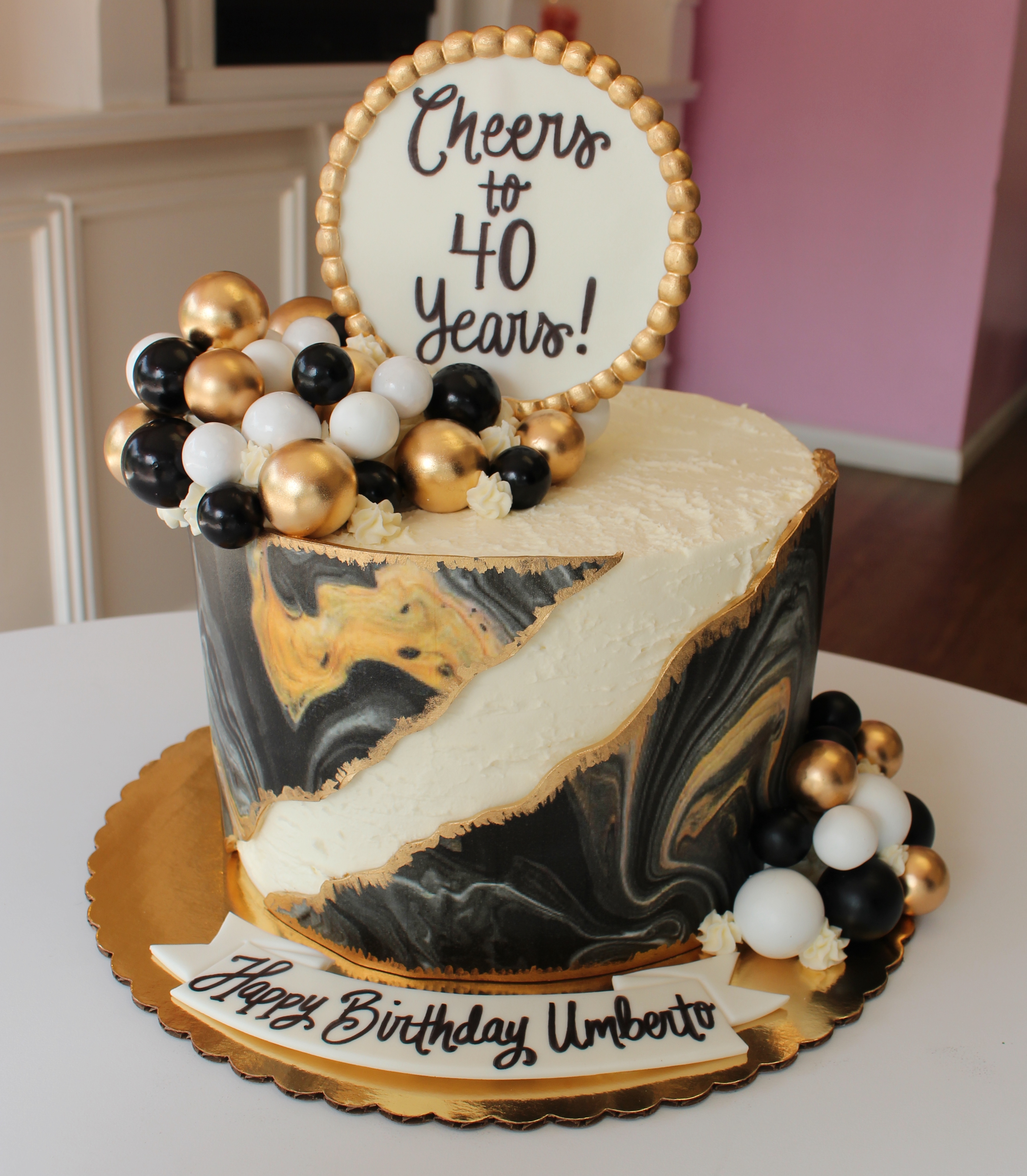 Black Gold and White Geode Birthday Cake with Balloons and Fondant Marbling