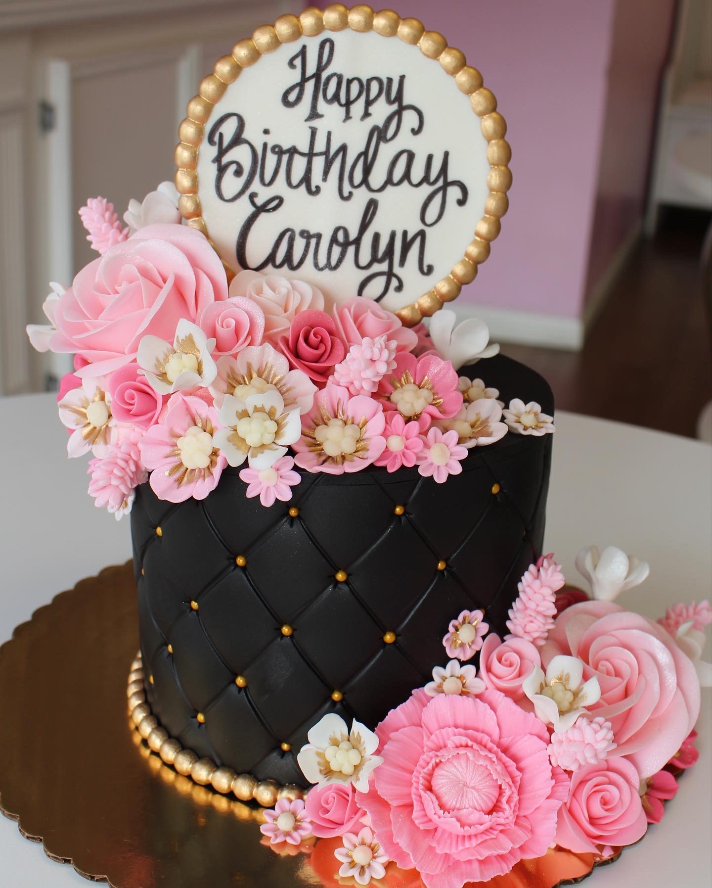 Black and Gold Quilted Cake with Fondant Flowers