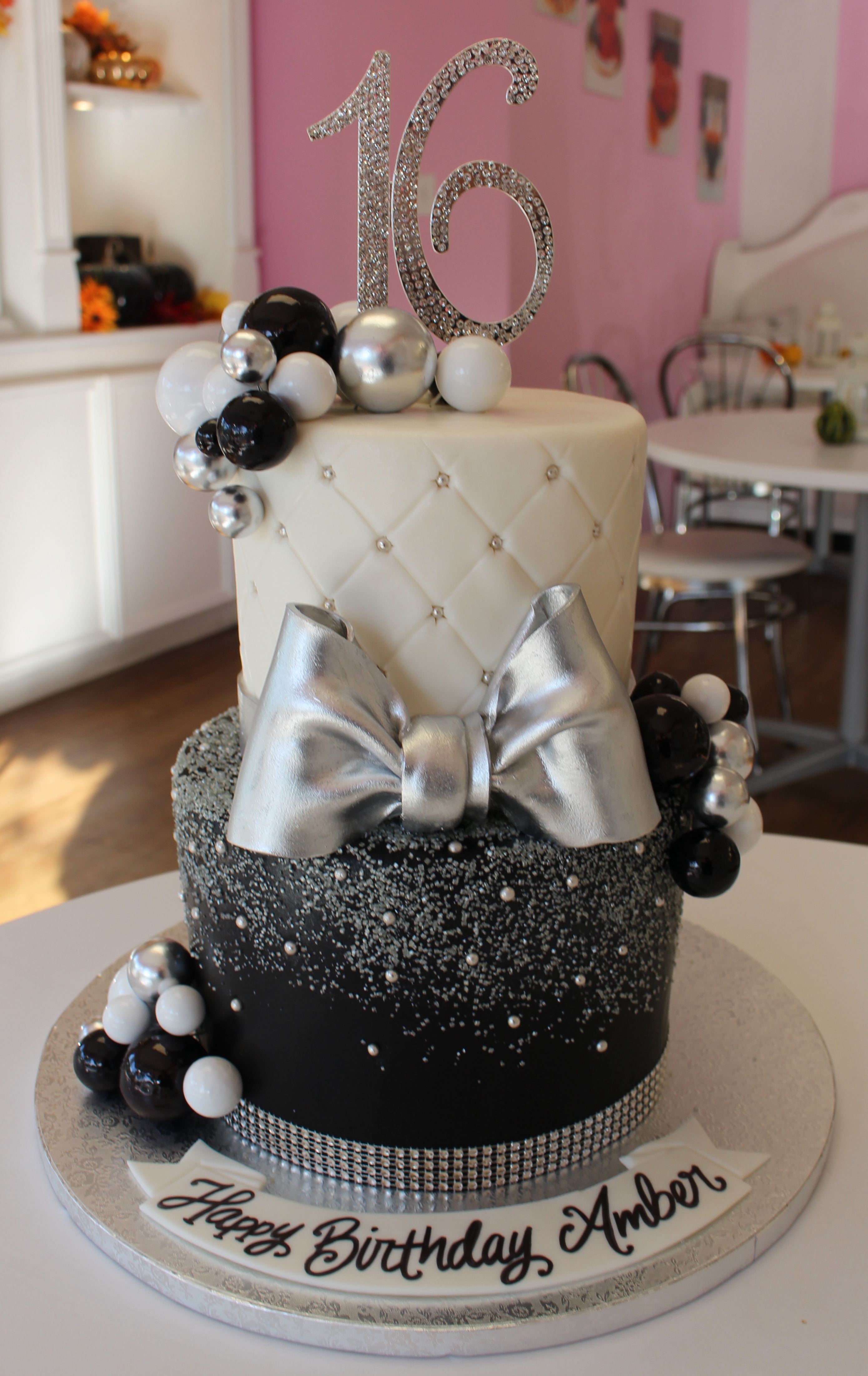 Black and White Quilted Two Tier Sweet Sixteen Cake with Silver Bow and Pearls