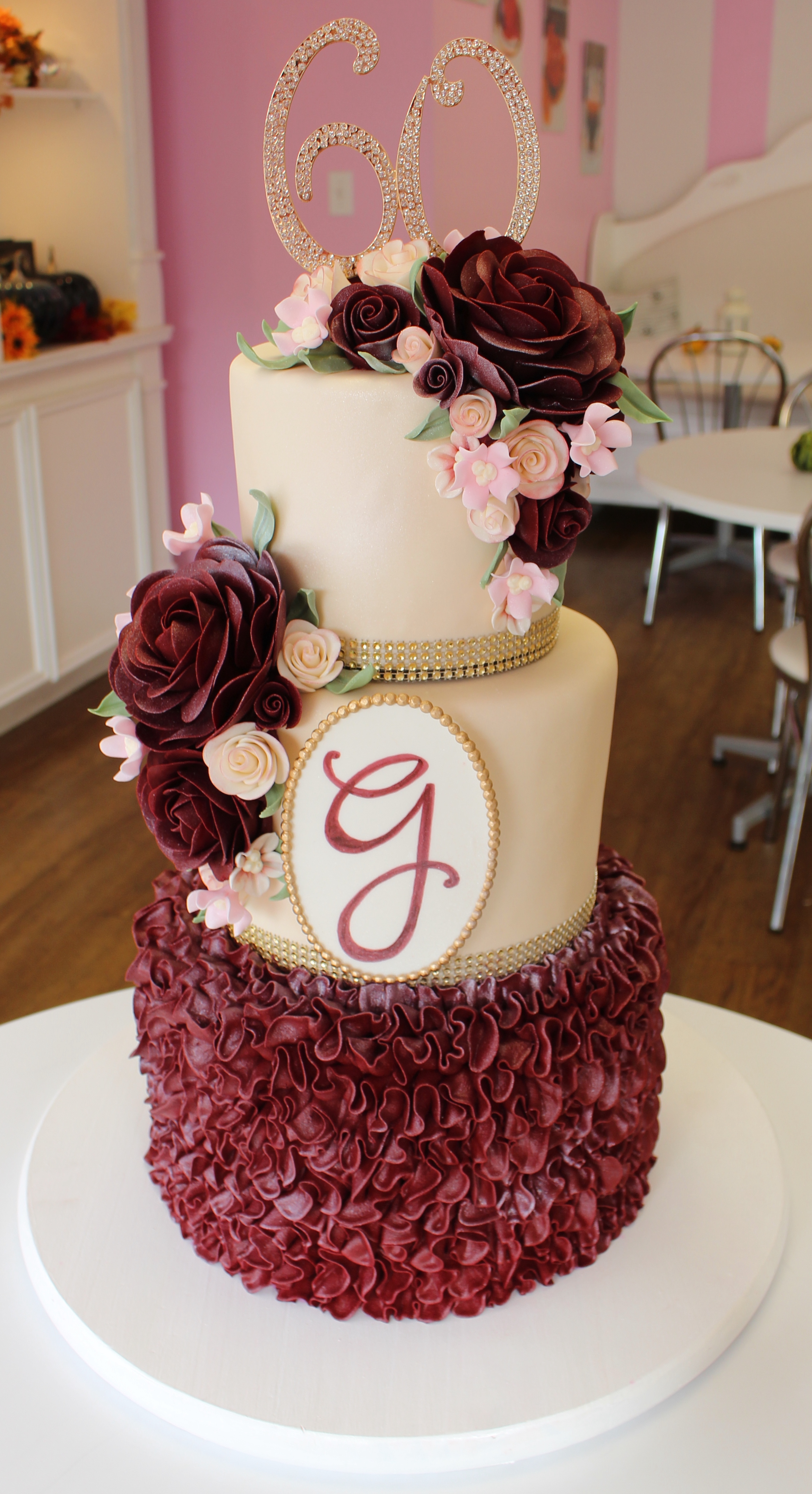 Elegant Burgandy Three Tier Cake with Fondant Roses Flowers and Leaves