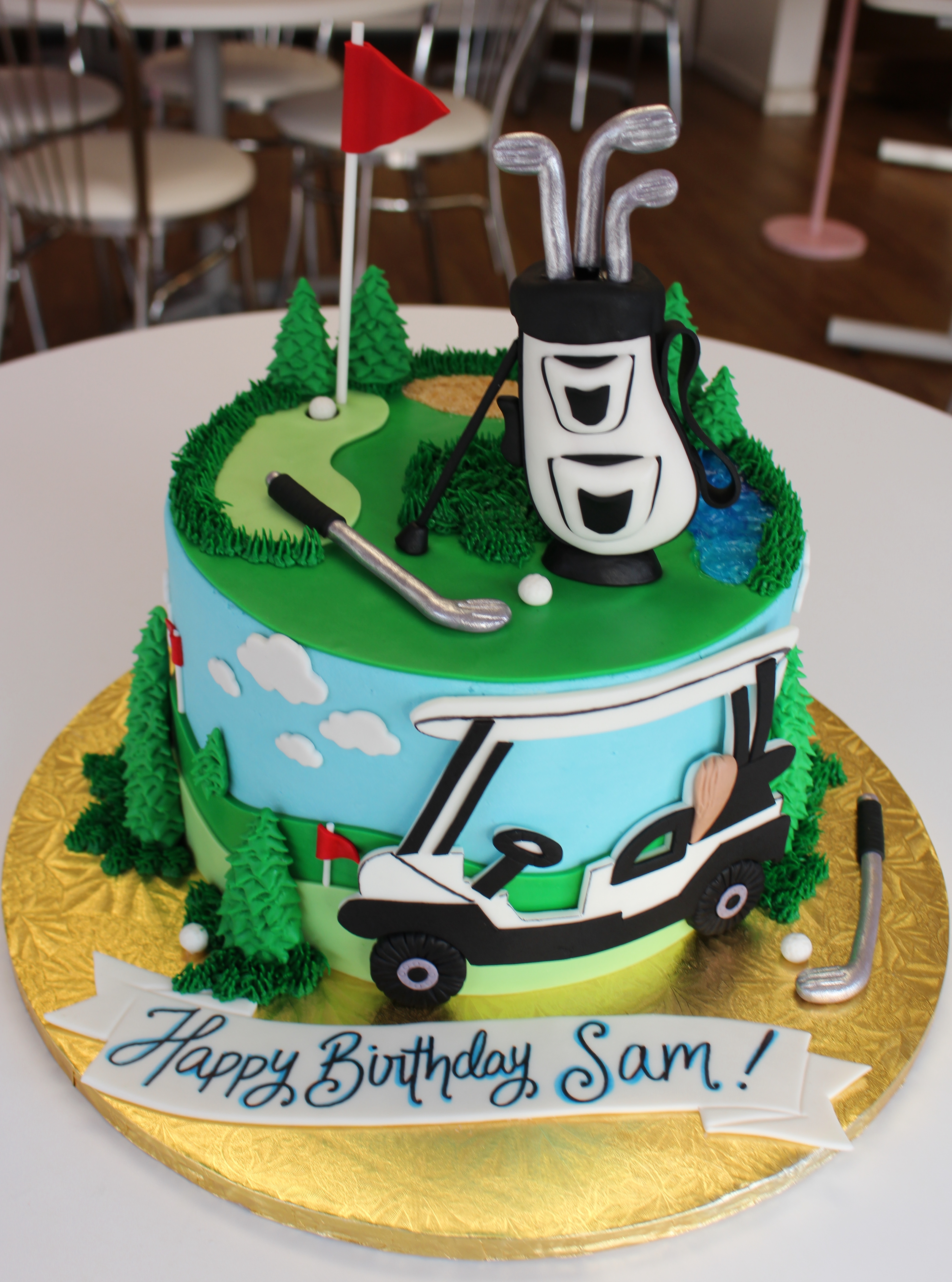 Golf Themed Birthday Cake with Fondant Golf Clubs Golf Cart and Trees