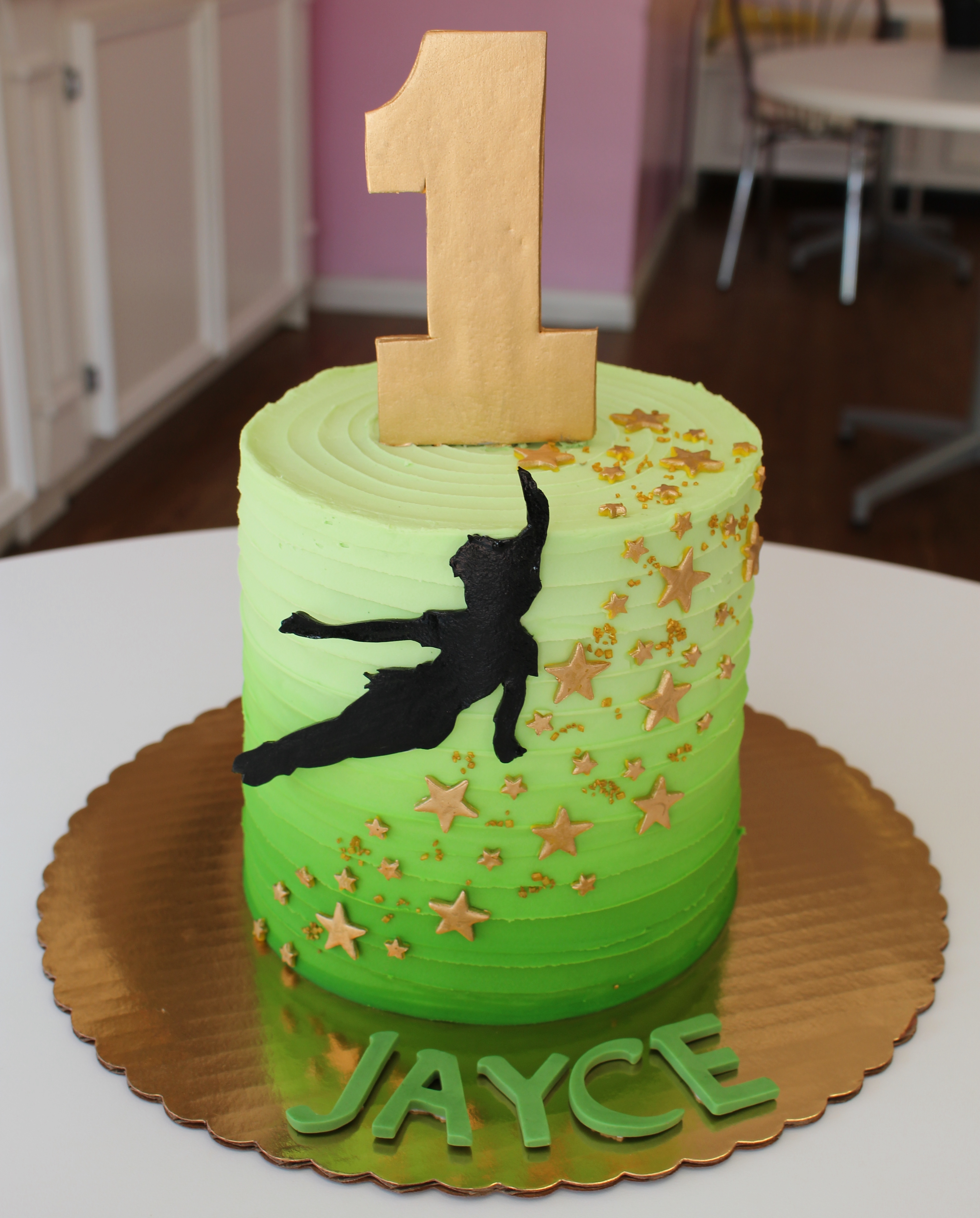 Green Ombre Peter Pan Theme Cake with Fondant Gold Stars and Silhouette