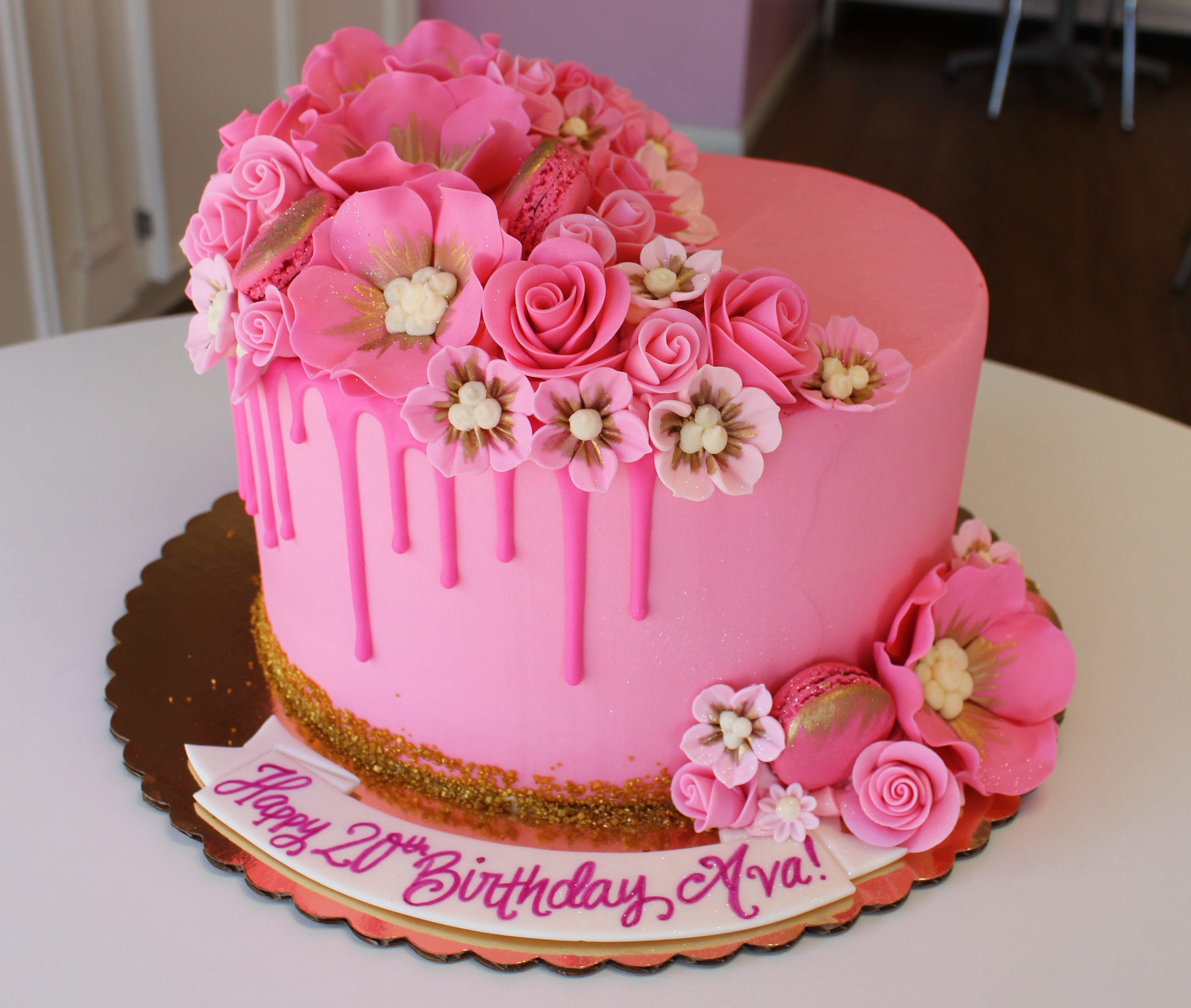 Hot Pink Half Drip Birthday Cake with Fondant Flowers with Gold Accents