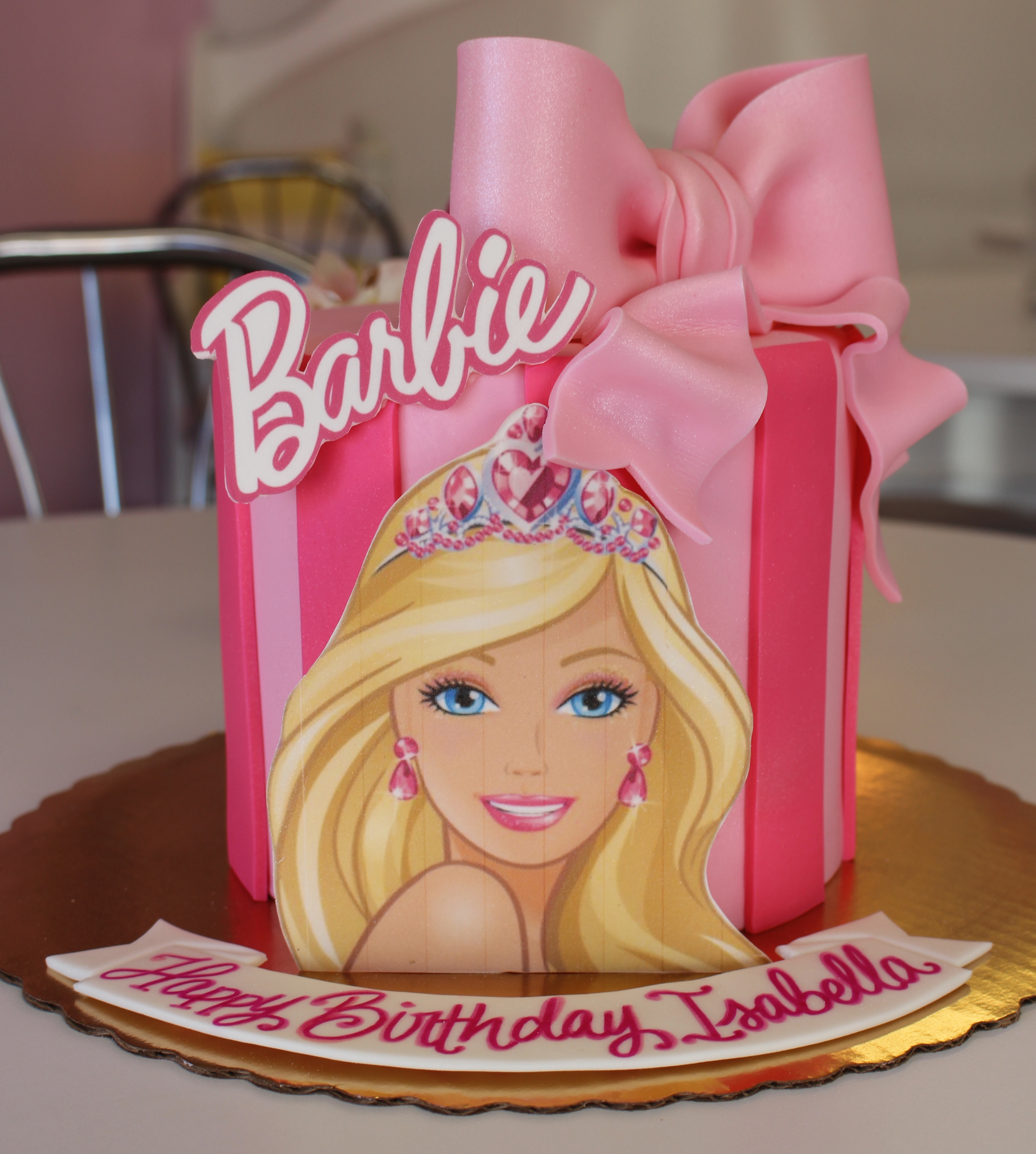 Hot Pink Striped Barbie Birthday Cake with Fondant Bow