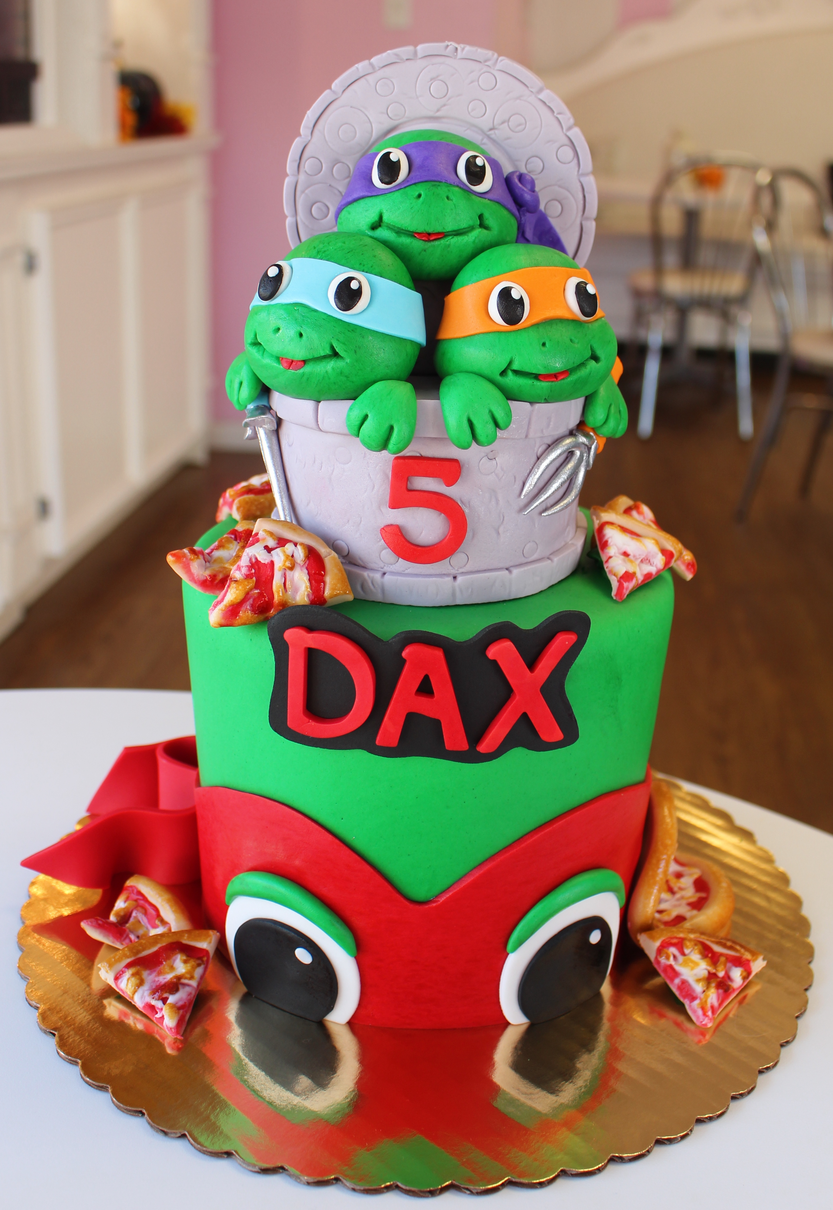 Ninja Turtles Kids Birthday Cake with Fondant Turtles and Pizza Slices