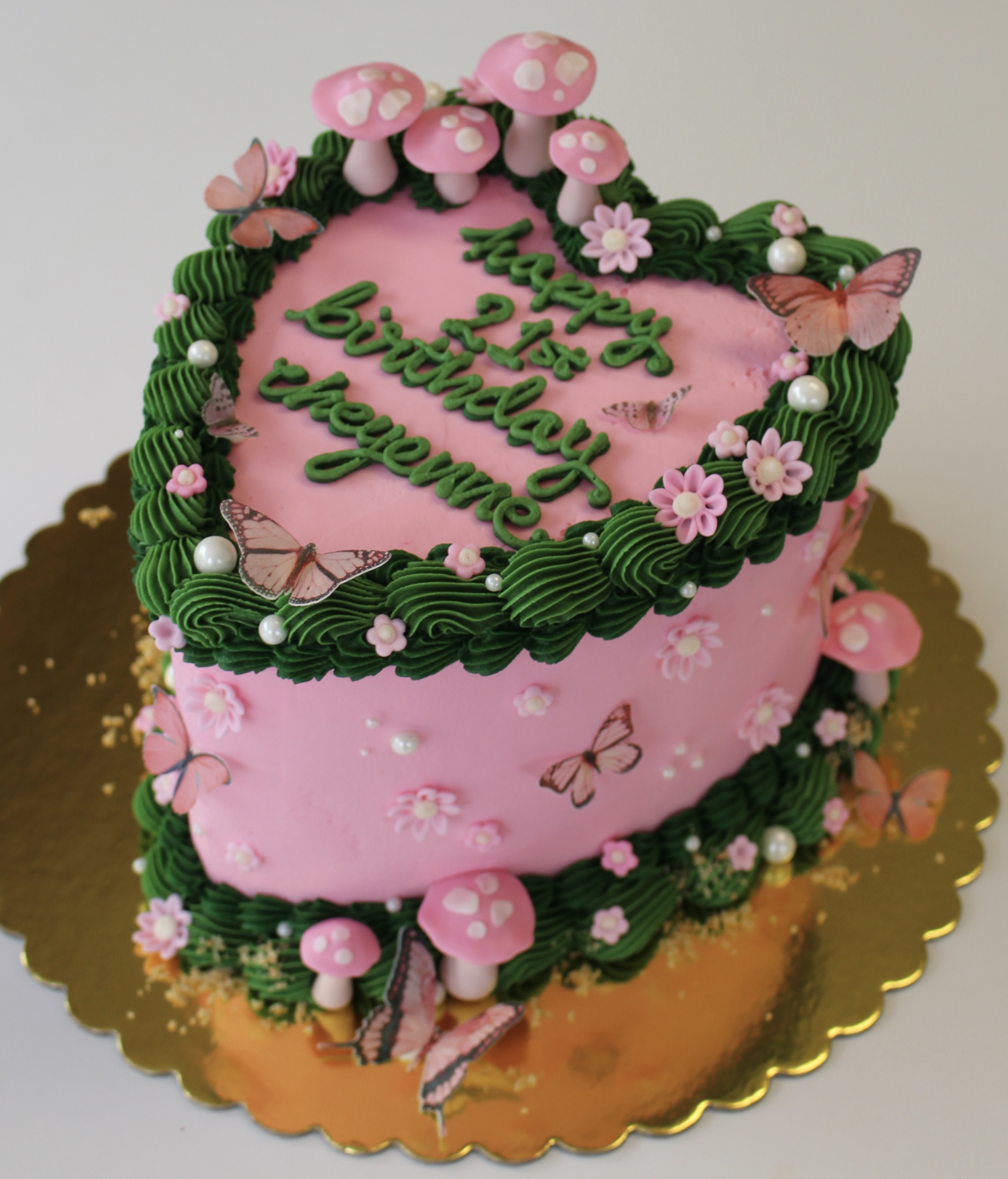 Pink and Green Vintage Heart Cake With Mushrooms and Butterflies