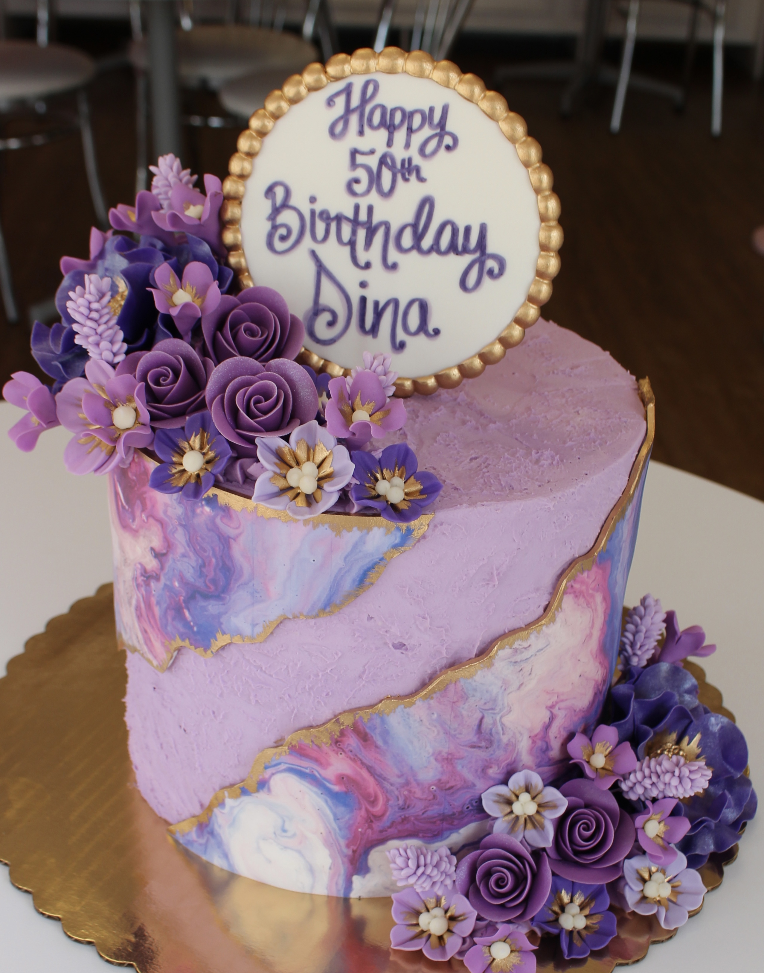 Purple Geode Cake with Elegant Fondant Marbling and Flowers