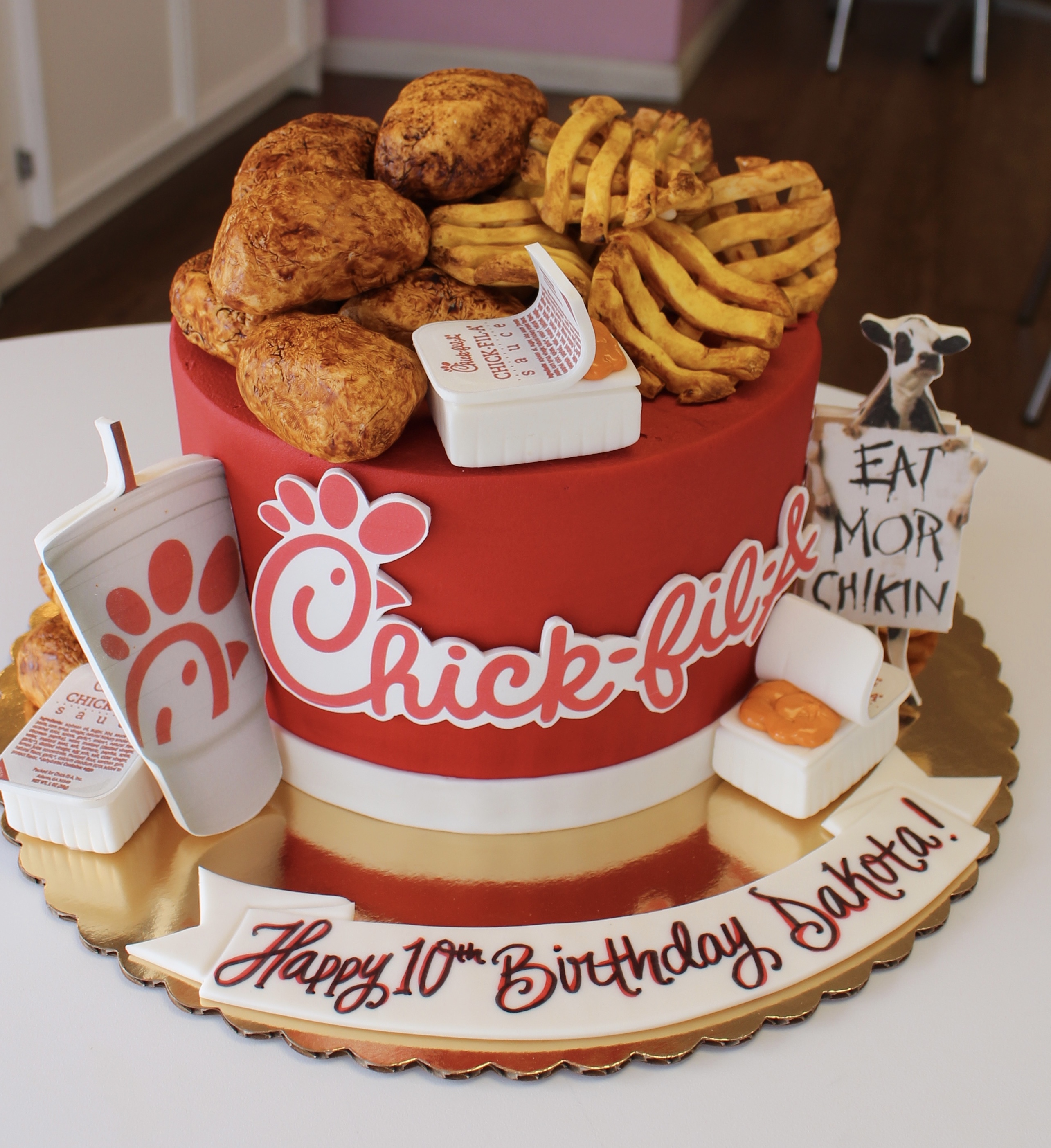 Red Chick Fil A Themed Cake with Fondant Nuggets Waffle Fries and Sauces