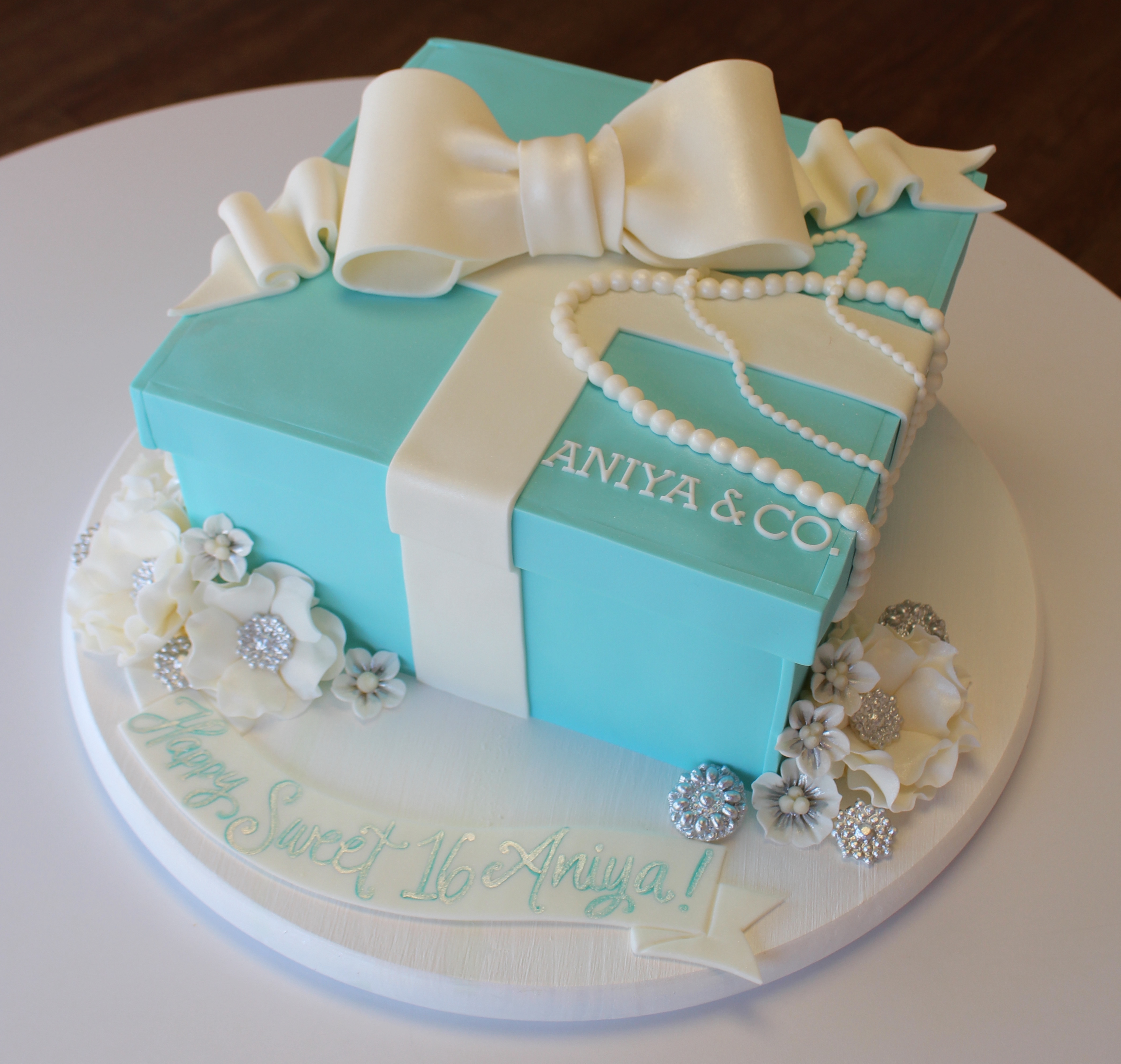 Tiffany Blue Gift Box Shaped Cake with White Fondant Bow Flowers and Pearls