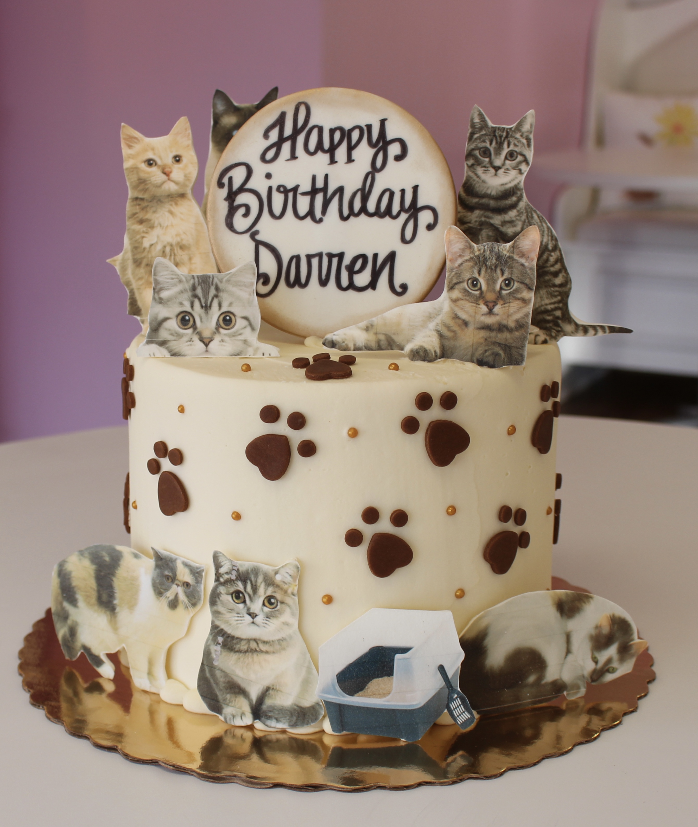 White Cat Themed Birthday Cake with Fondant Brown Paw Prints and Cats