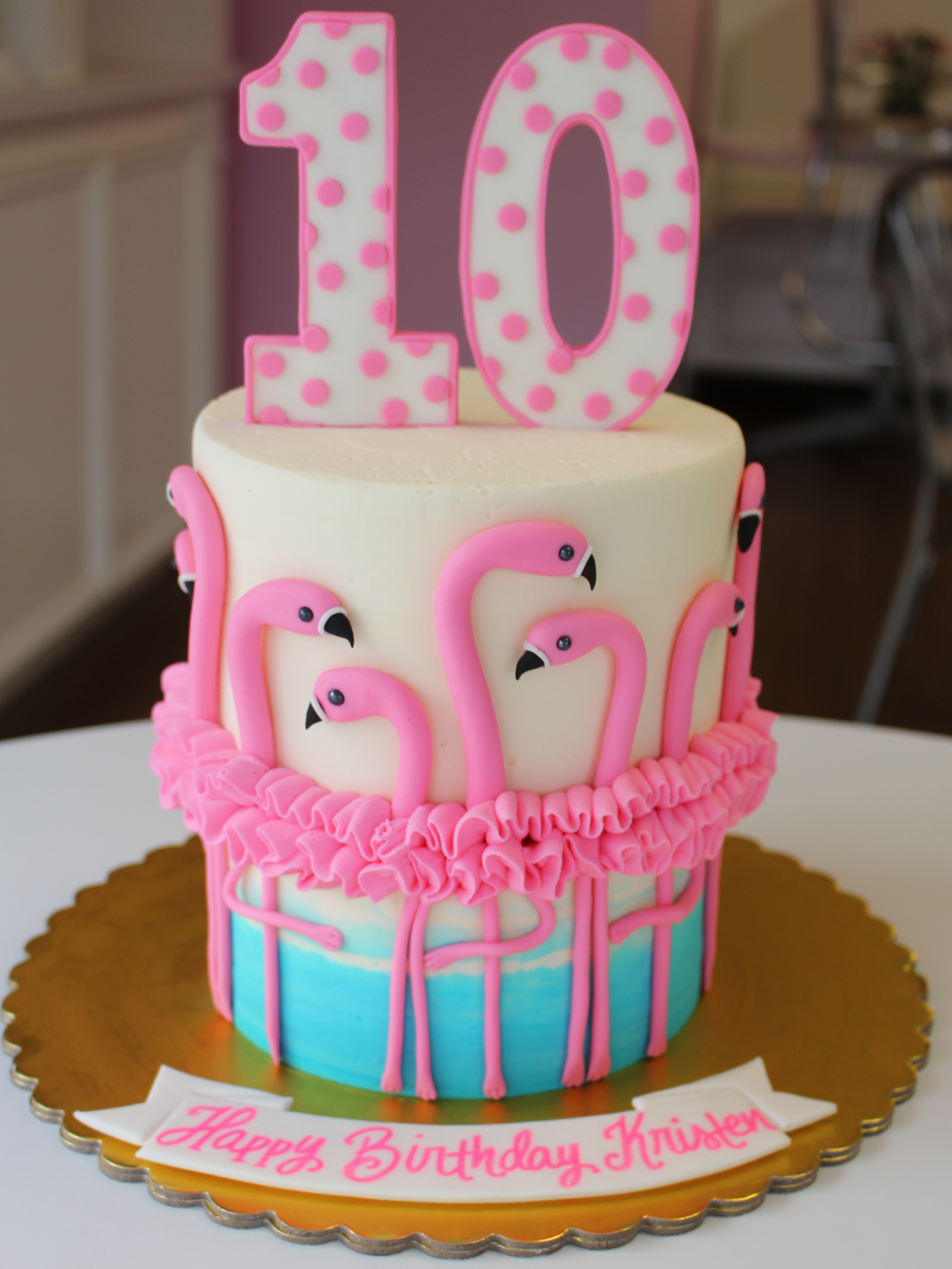White and Blue Ombre Cake with Pink Flamingos
